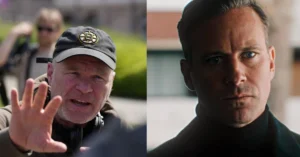 Side-by-side split screen featuring director Uwe Boll on set wearing a Boston Bruins cap on the left, and a close-up of actor Armie Hammer in the film Citizen Vigilante on the right