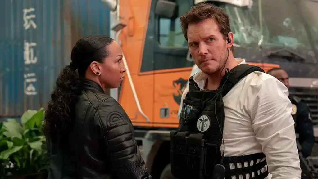 Kali Reis and Chris Pratt in Mercy (2026)