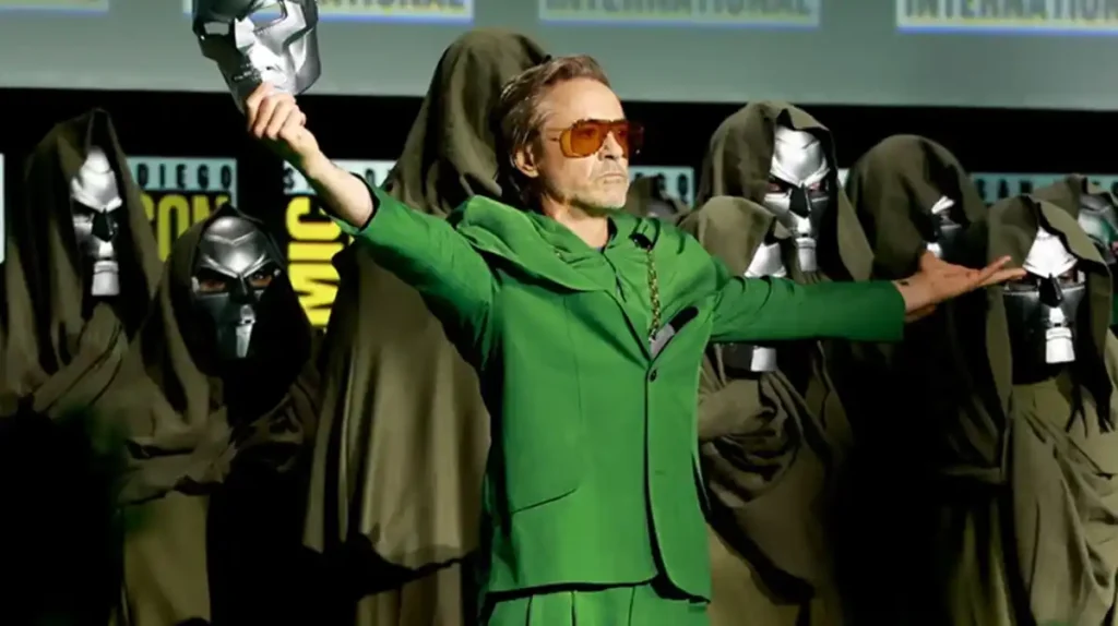 Robert Downey Jr being unveiled as Dr. Doom