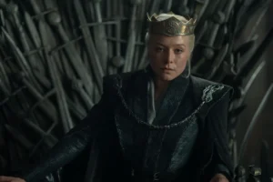 Emma D'Arcy sitting the Iron Throne as Rhaenyra Targaryen in House of the Dragon Season 3