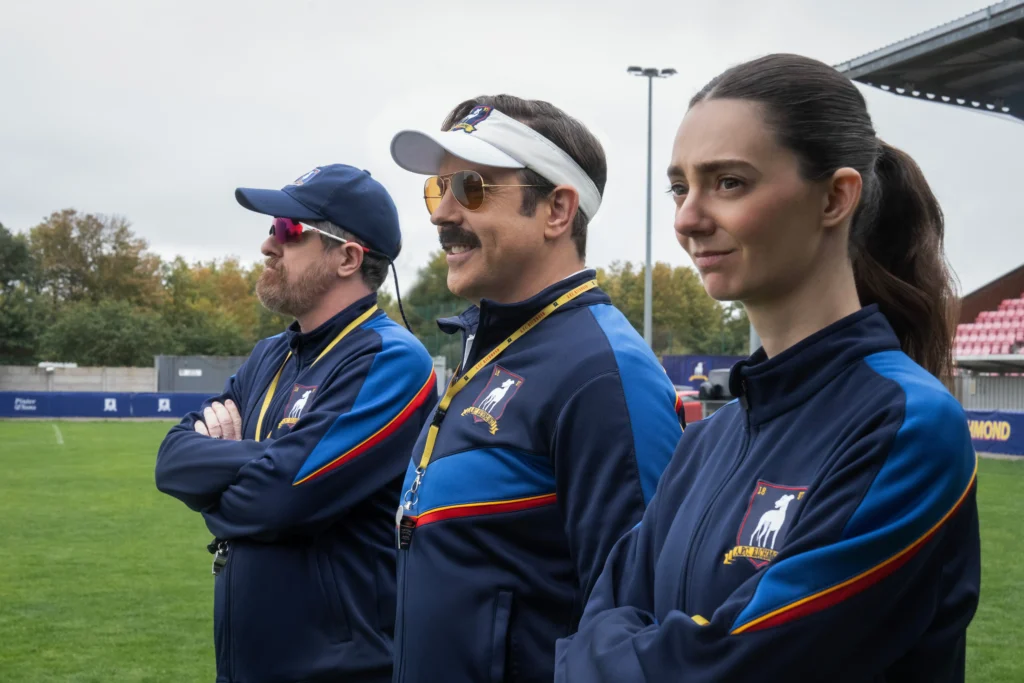 Brendan Hunt, Jason Sudeikis and Tanya Reynolds in Ted Lasso Season 4