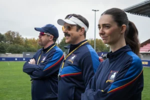 Brendan Hunt, Jason Sudeikis and Tanya Reynolds in Ted Lasso Season 4